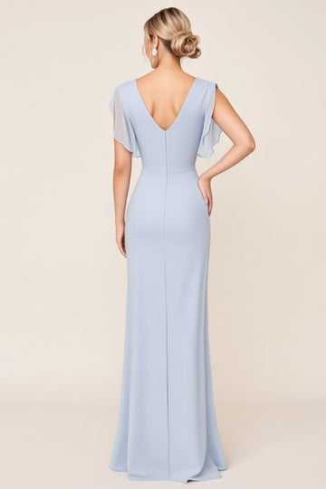 Bleu clair gaine wrap col V mousseline de soie longue robe de demoiselle d’honneur